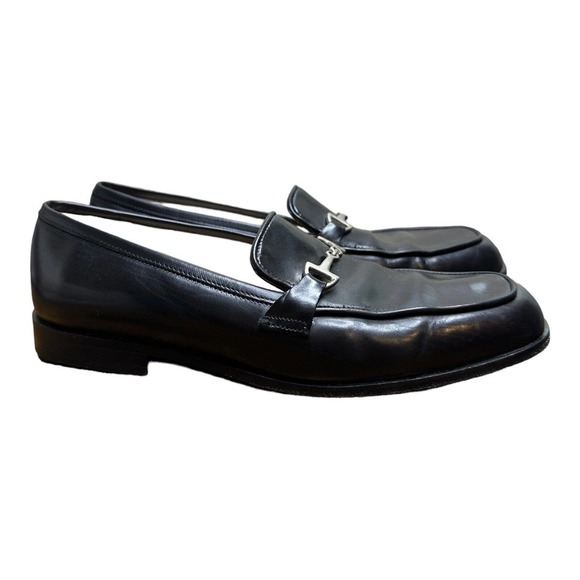 ANN TAYLOR BLACK LEATHER LOAFERS BLOCK HEELS SILVER EQUINE ACCENT 8M Italy - Picture 4 of 9